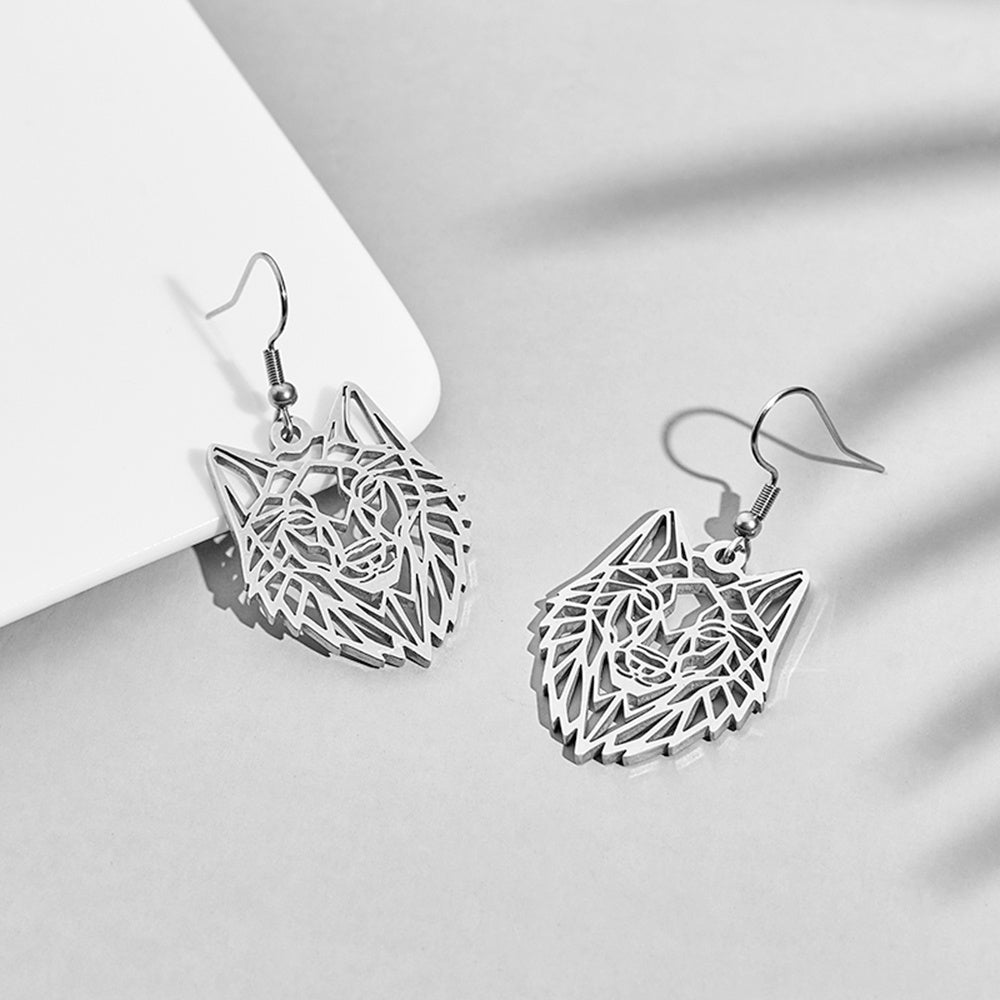 Hollow Wolf Head Silver Stainless Steel Dangle Earrings For Women-Jewearrings