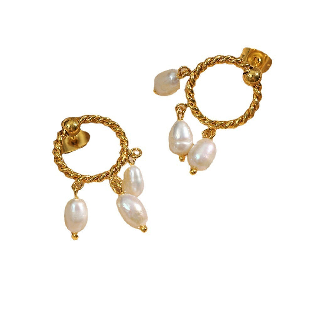 Twist Twisted Pearl Earrings Versatile Retro Stainless Steel Studs-Jewearrings