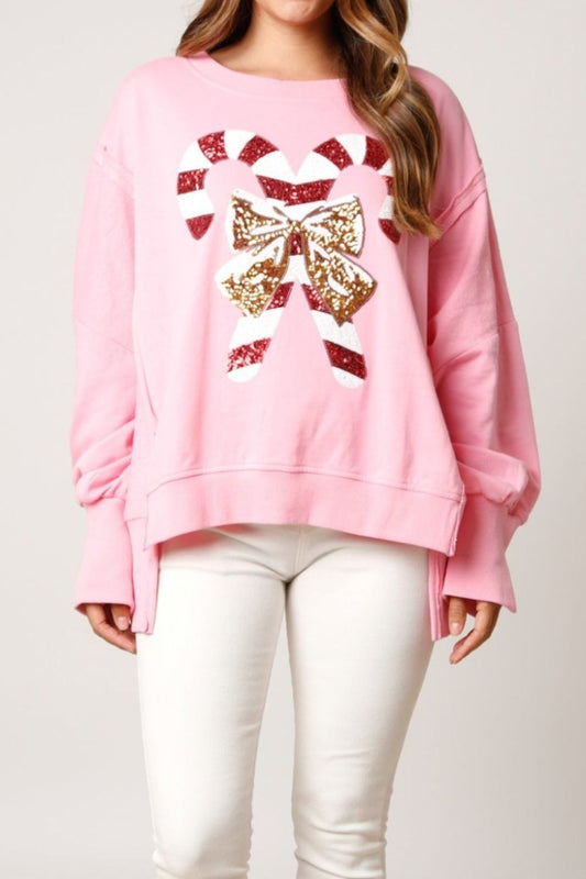 Candy Cane Slit Dropped Shoulder Sweatshirt-Jewearrings