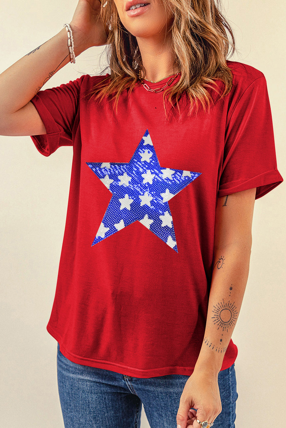 Sequin Star Round Neck Short Sleeve T-Shirt-Jewearrings