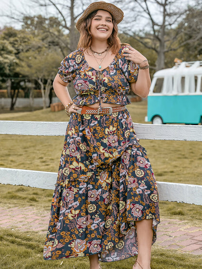 Plus Size Tie Neck Short Sleeve Top and Skirt Set-Jewearrings