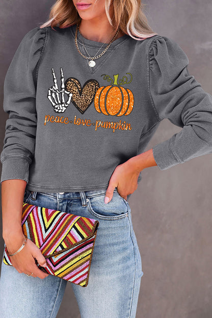 PEACE LOVE PUMPKIN Graphic Puff Sleeve Sweatshirt-Jewearrings