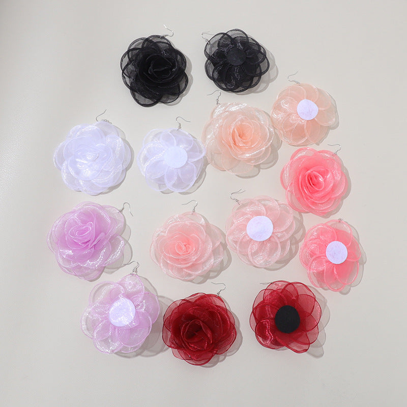 Chiffon Retro Three-dimensional Advanced Rose Camellia Stud Earrings-Jewearrings