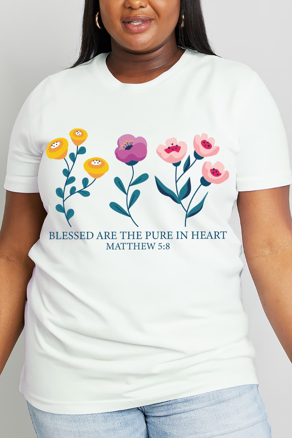 Simply Love Full Size BLESSED ARE THE PURE IN HEART Matthew 5:8 Graphic Cotton Tee-Jewearrings