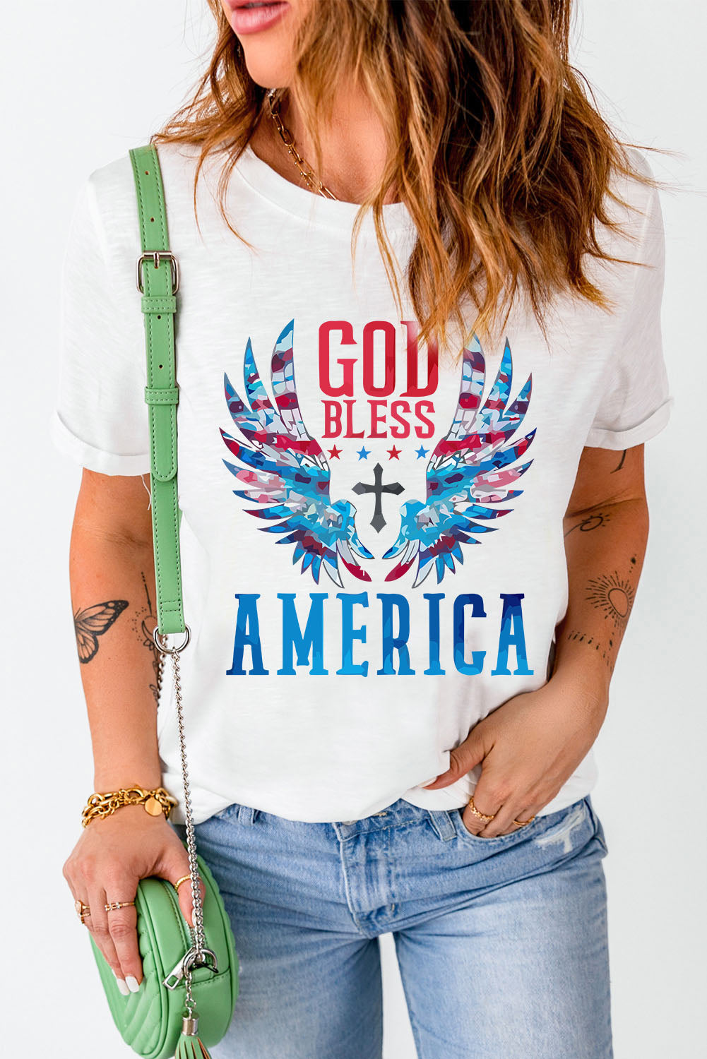 GOD BLESS AMERICA Cuffed Tee Shirt-Jewearrings