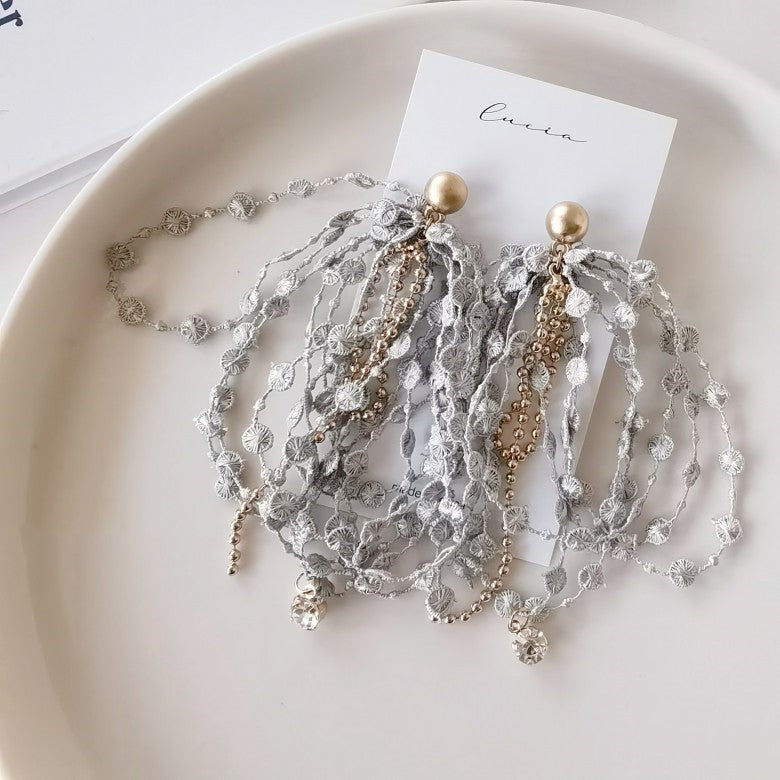 Sweet Spring And Summer Fringed Lace Exaggerated Stud Earrings-Jewearrings