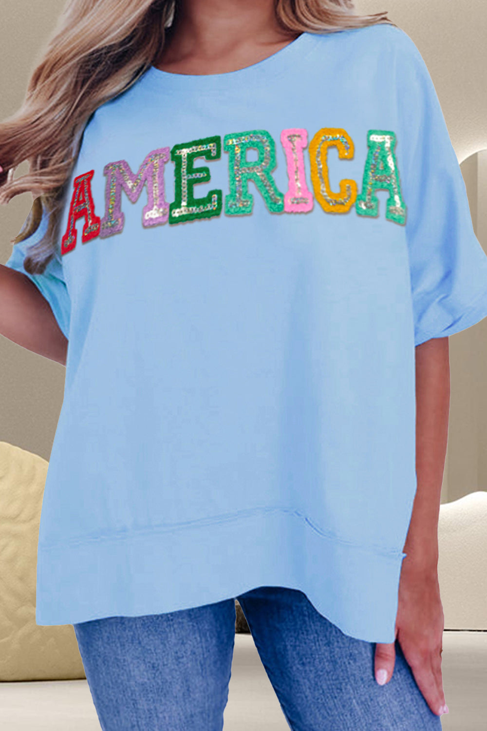 AMERICA Sequin Round Neck Half Sleeve T-Shirt-Jewearrings