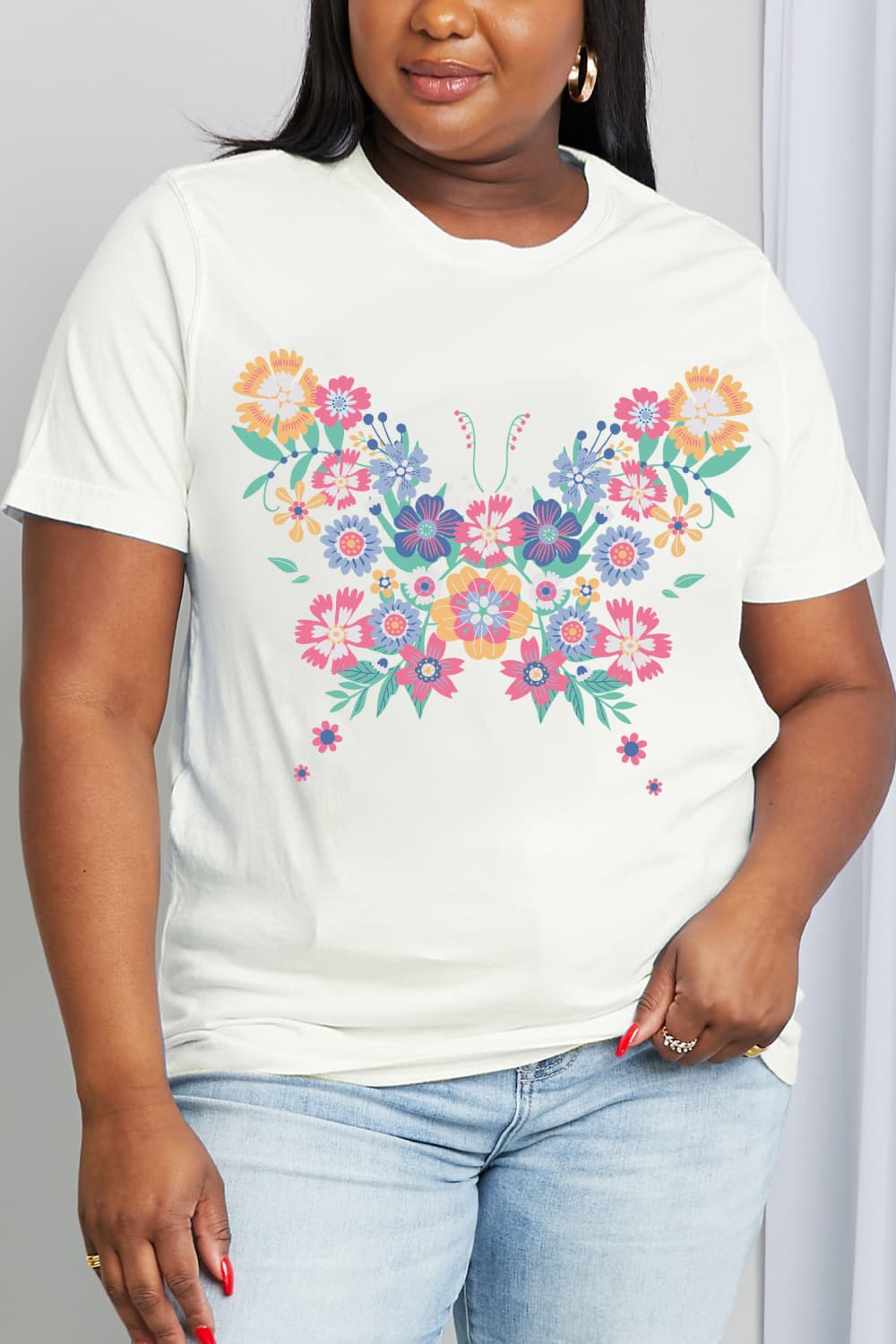 Simply Love Simply Love Full Size Flower Butterfly Graphic Cotton Tee-Jewearrings