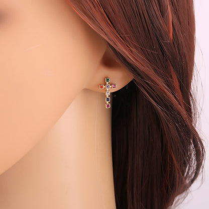 Women's Religious Ornament Copper Micro Inlaid Zircon Cross All-match Earrings-Jewearrings