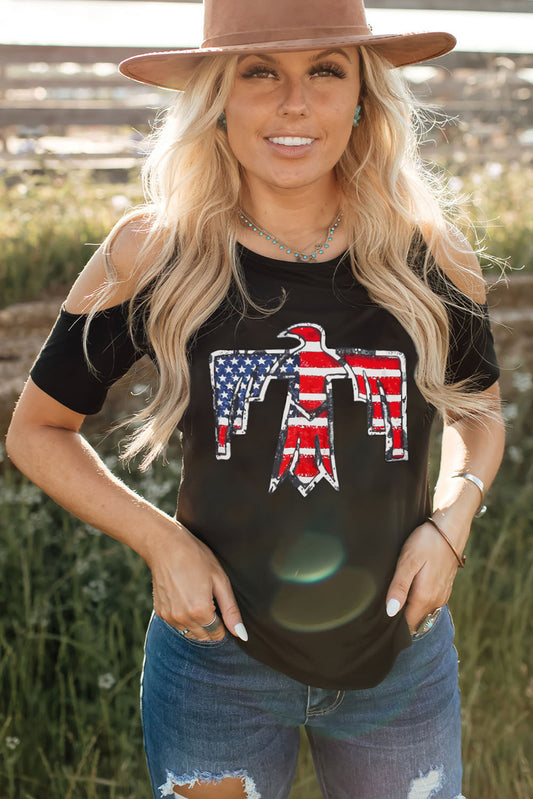 US Flag Bird Graphic Cold-Shoulder Tee-Jewearrings