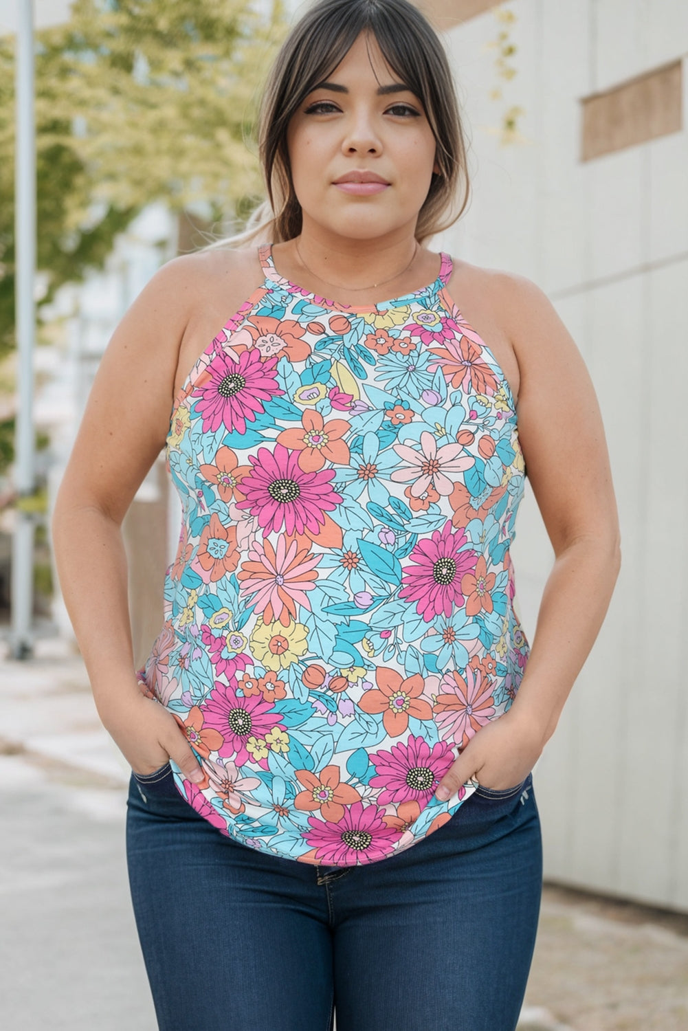 Plus Size Floral Round Neck Tank-Jewearrings