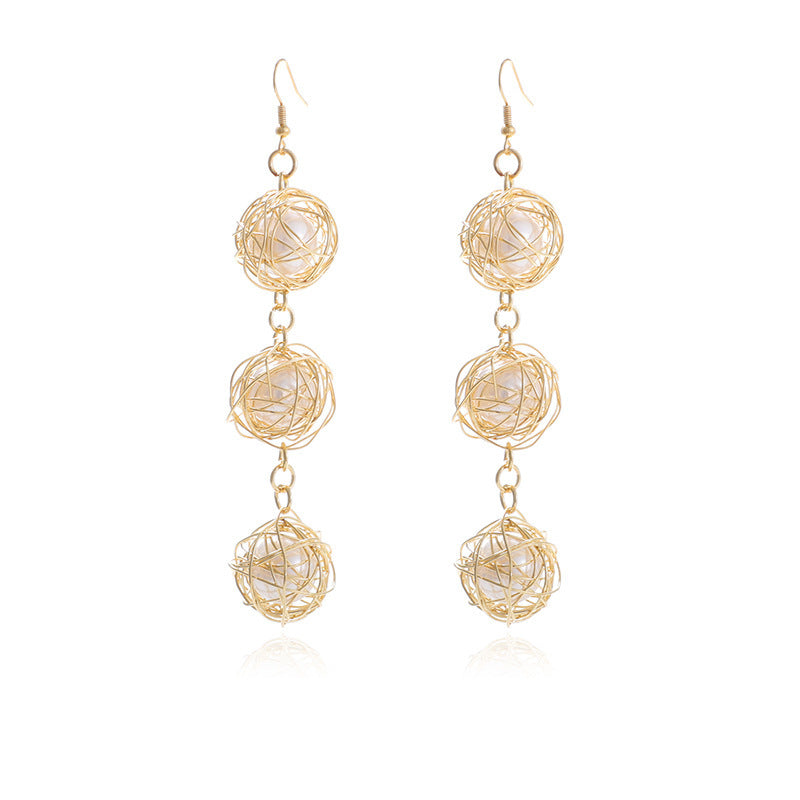 Metal Winding Hollow Winding Embedded Pearl Grace Sweet Earrings-Jewearrings