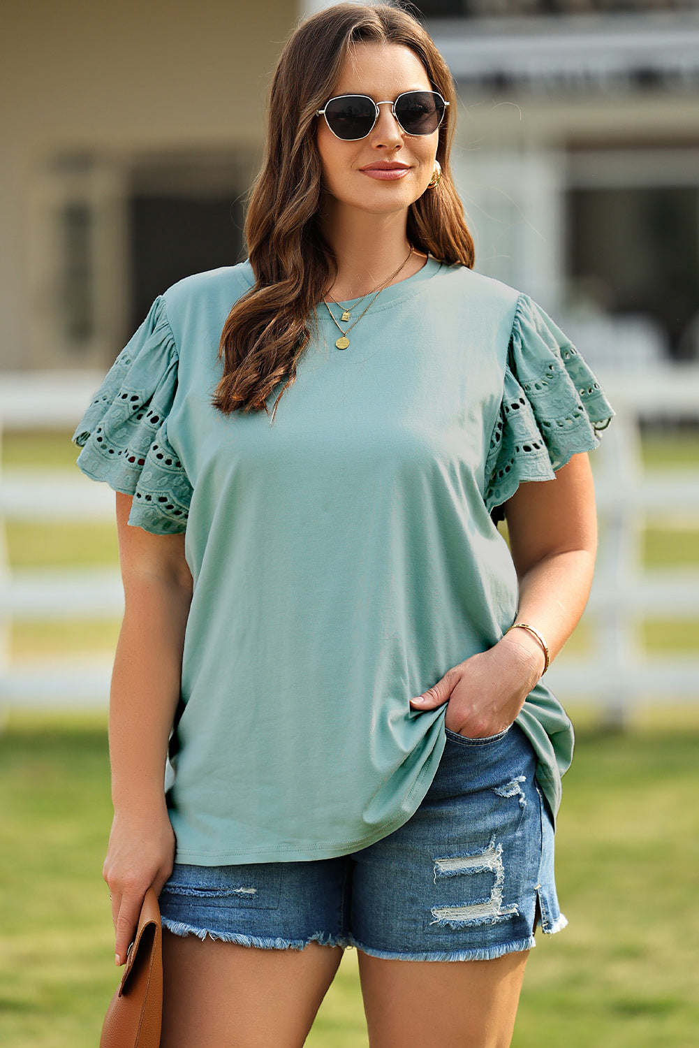 Plus Size Butterfly Sleeve Round Neck Top-Jewearrings