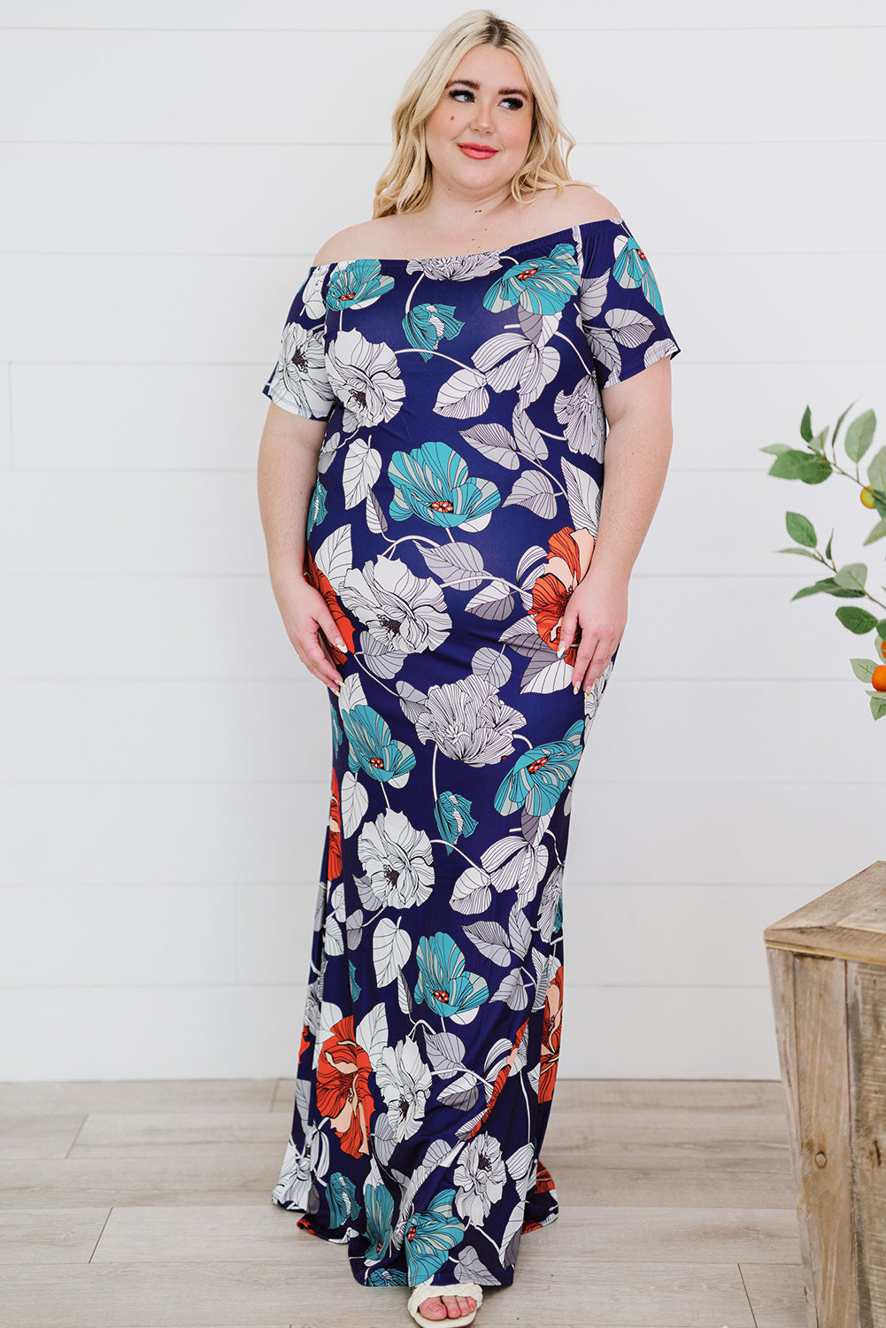 Plus Size Floral Off-Shoulder Short Sleeve Fishtail Dress-Jewearrings