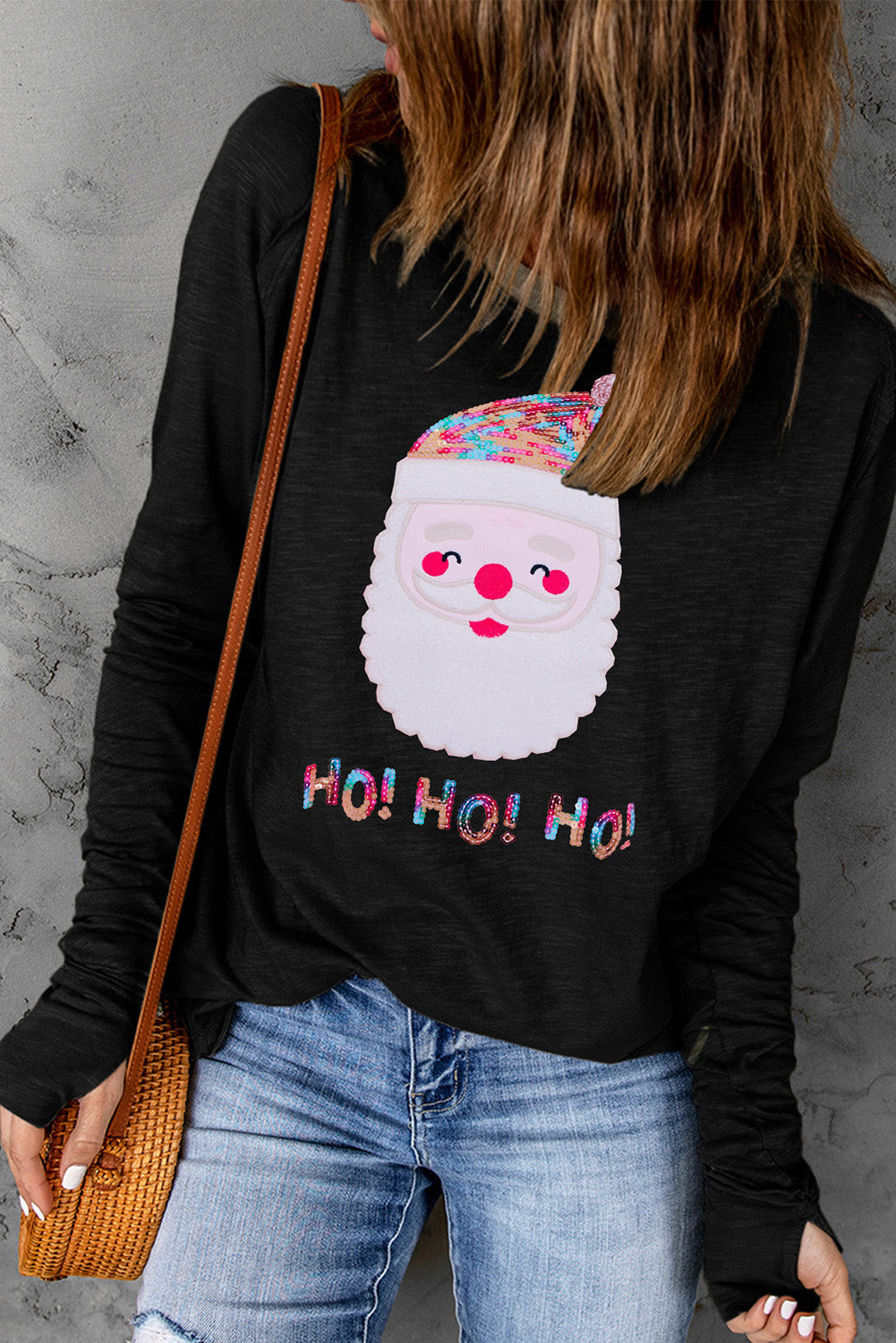 Sequin Santa Round Neck Long Sleeve T-Shirt-Jewearrings