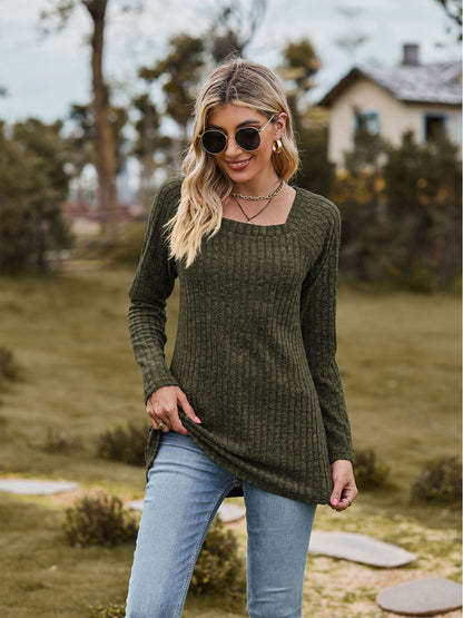 Full Size Ribbed Square Neck Long Sleeve T-Shirt-Jewearrings