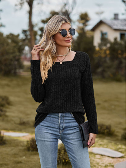 Full Size Ribbed Square Neck Long Sleeve T-Shirt-Jewearrings