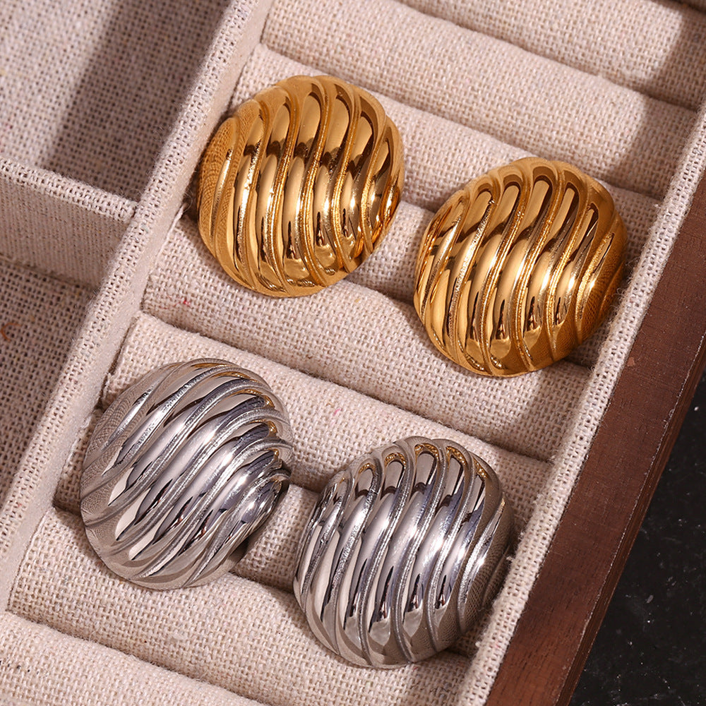 Stainless Steel 18K Gold Plating Vintage Oval Streamline Striped Stud Earrings-Jewearrings