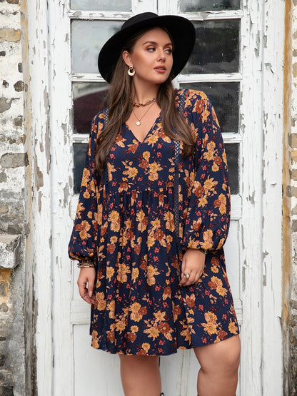 Plus Size Floral V-Neck Balloon Sleeve Dress-Jewearrings