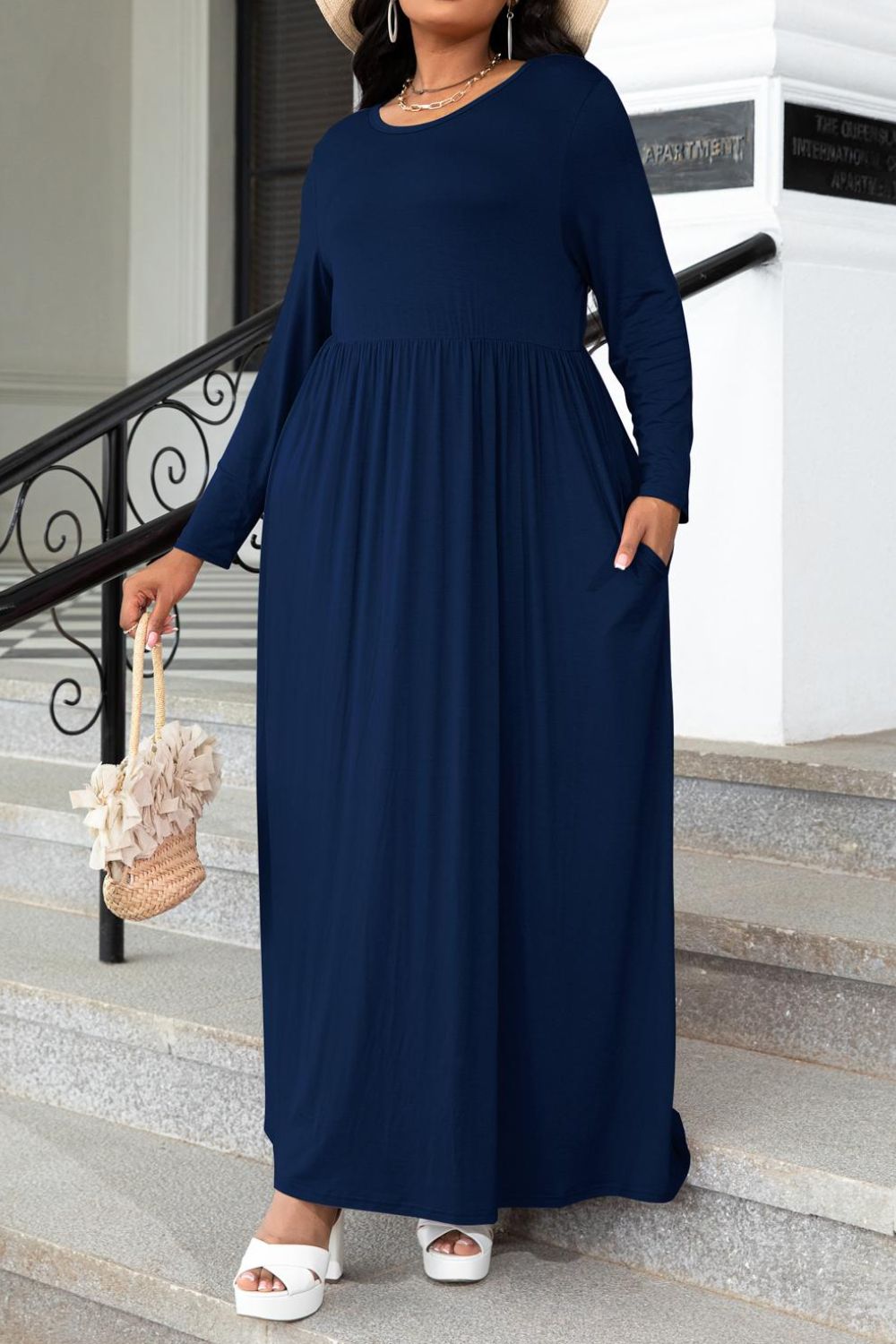 Plus Size Round Neck Long Sleeve Maxi Dress with Pockets-Jewearrings