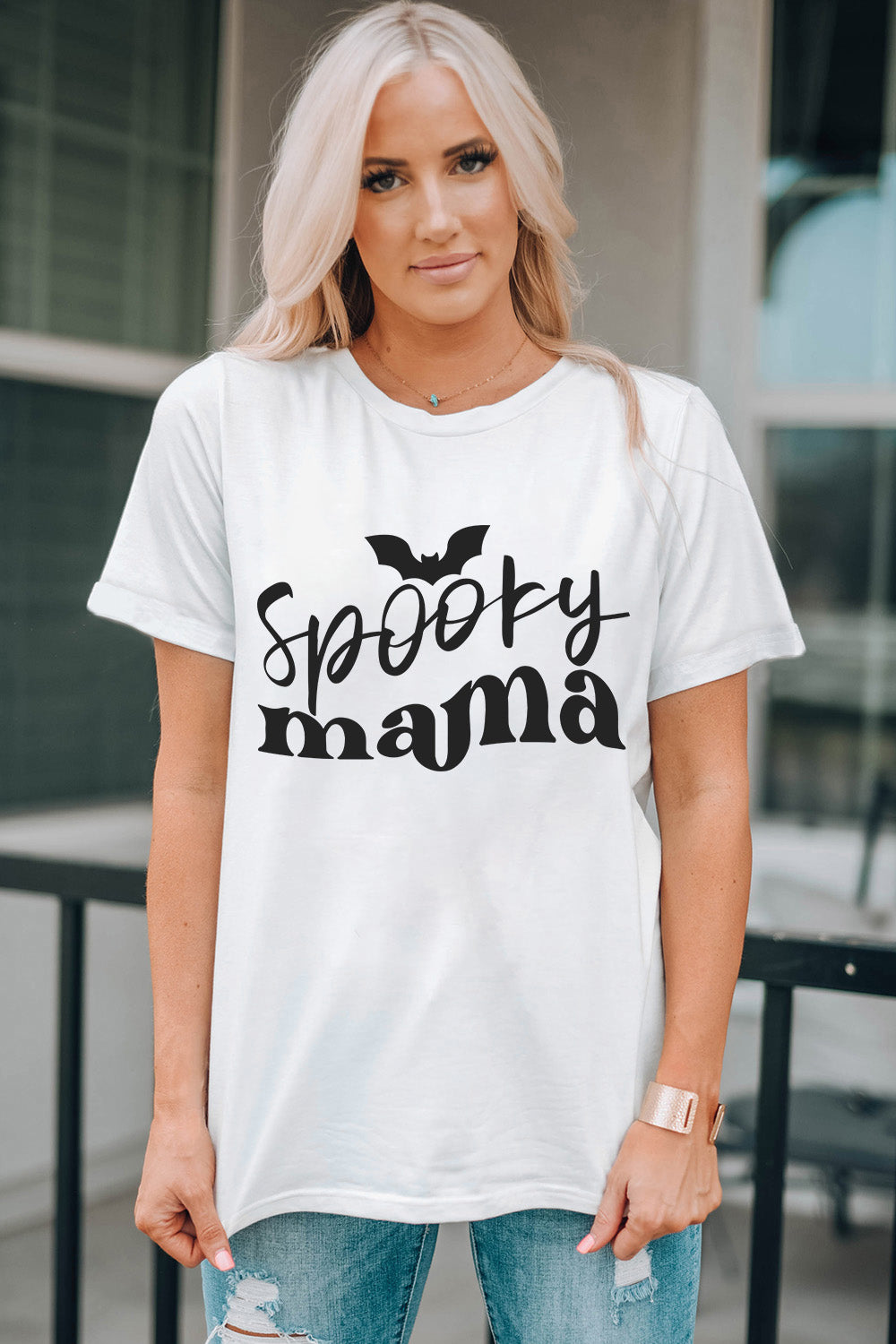 Round Neck Short Sleeve SPOOKY MAMA Graphic T-Shirt-Jewearrings