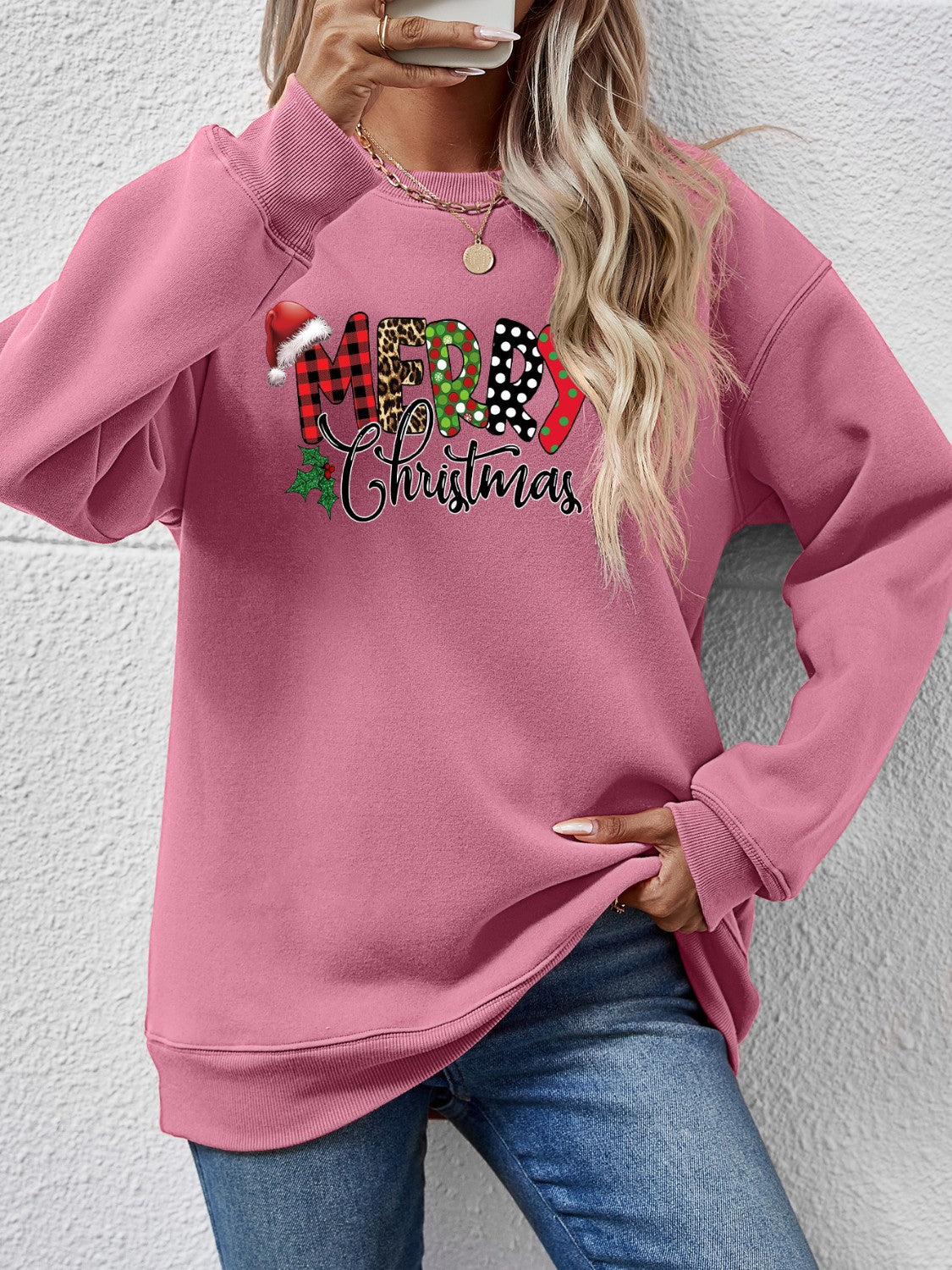 MERRY CHRISTMAS Round Neck Dropped Shoulder Sweatshirt-Jewearrings