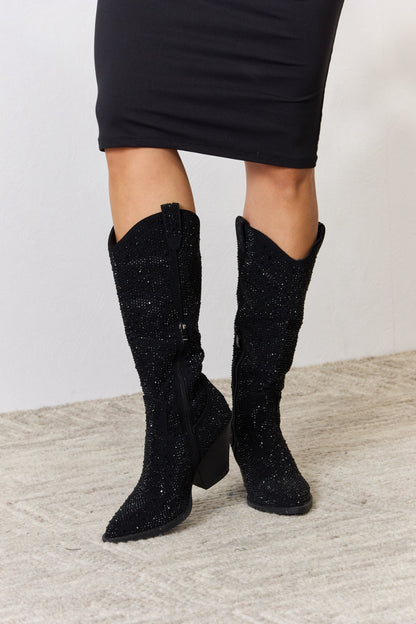 Forever Link Rhinestone Knee High Cowboy Boots-Jewearrings