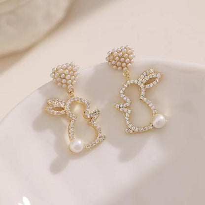 Pearl Bunny Earrings For Women Silver Pin Earrings-Jewearrings