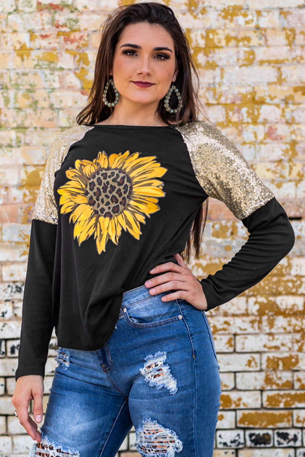 Sunflower Graphic Sequin T-Shirt-Jewearrings