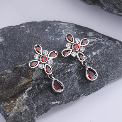 Nepalese Garnet Four Leaf Clover Set With Sterling Silver Earrings-Jewearrings