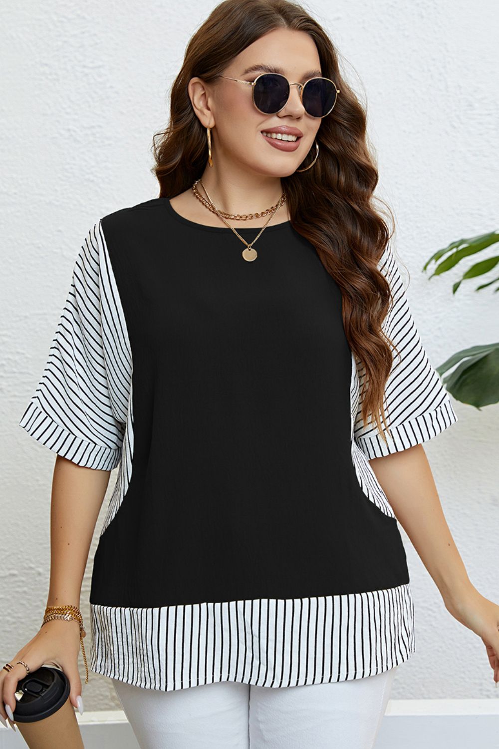 Plus Size Striped Round Neck Half Sleeve Top-Jewearrings