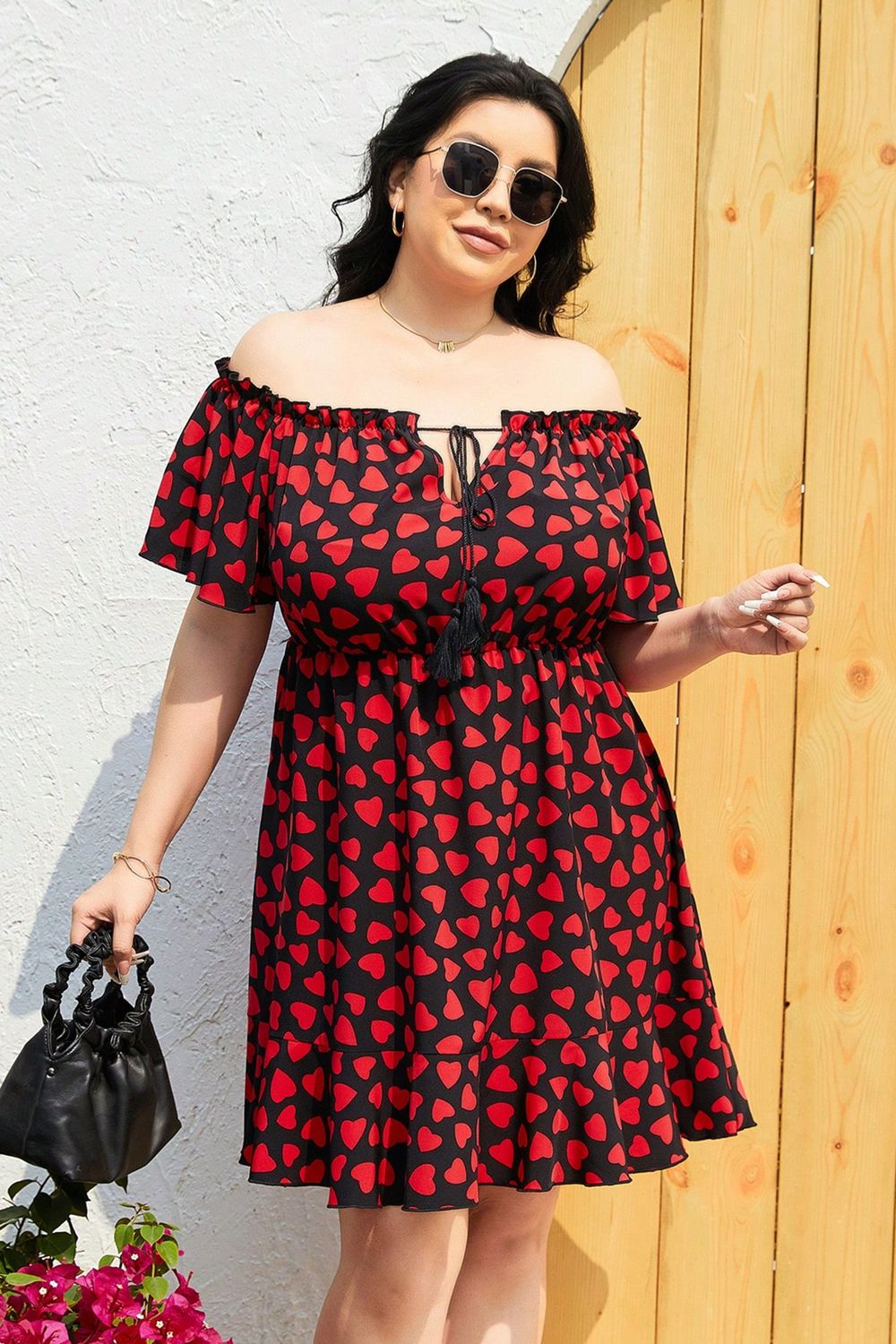 Plus Size Heart Print Off-Shoulder Tied Dress-Jewearrings