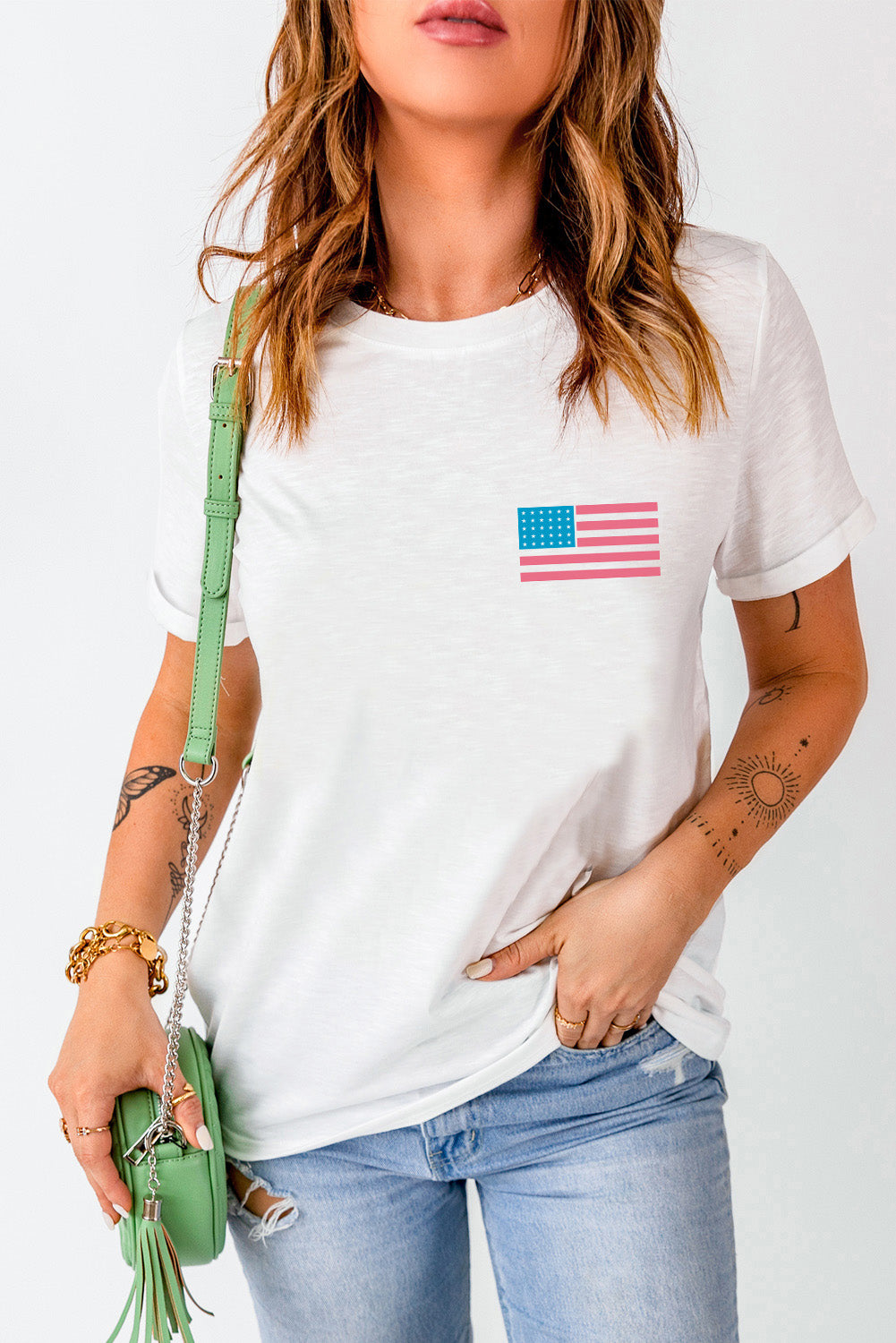 US Flag Round Neck Short Sleeve T-Shirt-Jewearrings