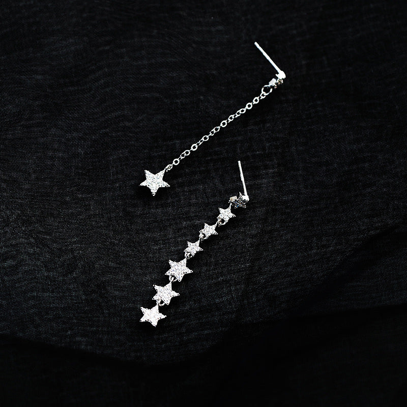 S925 Sterling Silver Star Tassel Earrings Female Asymmetric Five-pointed Star Earrings-Jewearrings