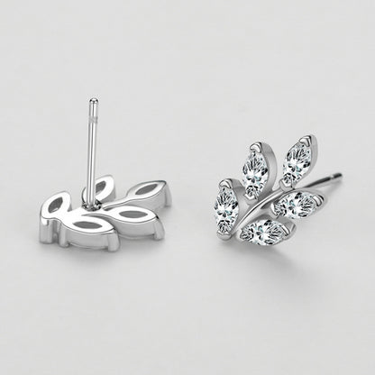 Women's Sterling Silver Fashion Leaf Stud Earrings With Diamonds-Jewearrings