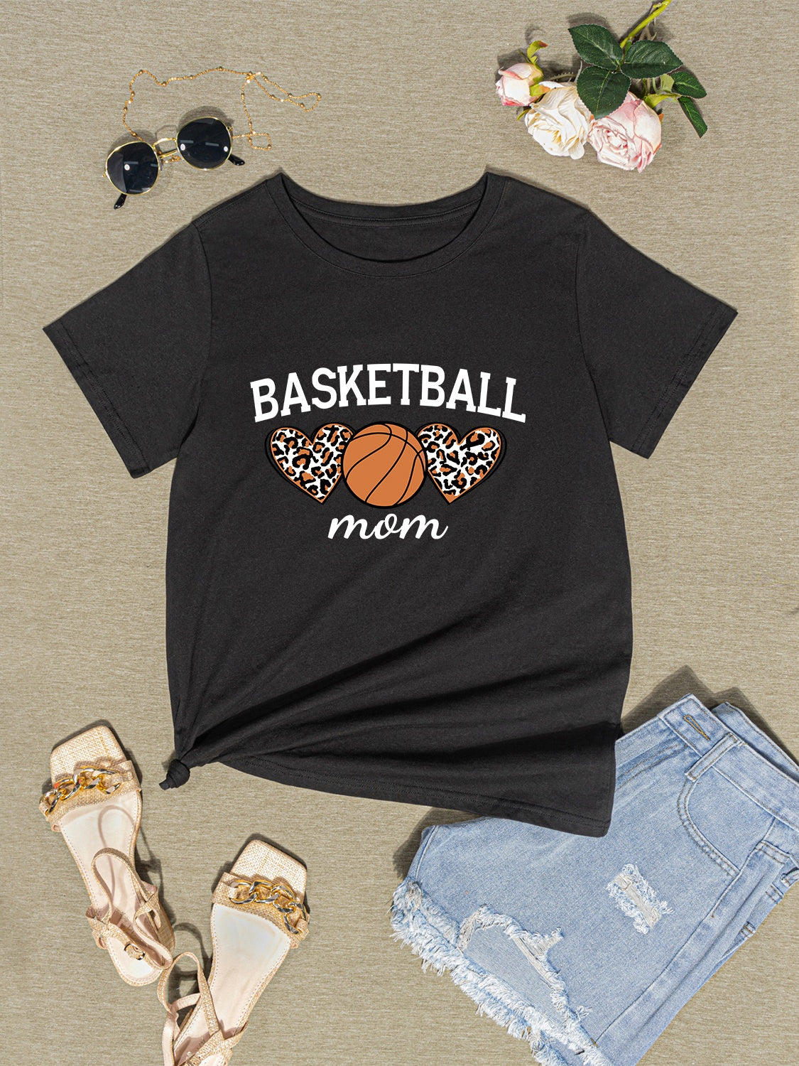 BASKETBALL MOM Round Neck Short Sleeve T-Shirt-Jewearrings