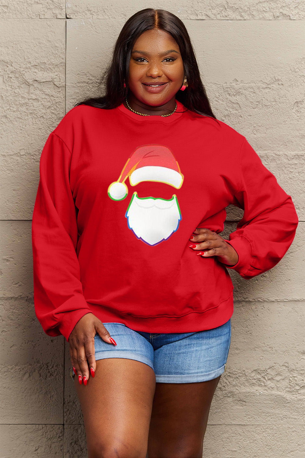 Simply Love Full Size Rainbow Santa Graphic Round Neck Sweatshirt-Jewearrings