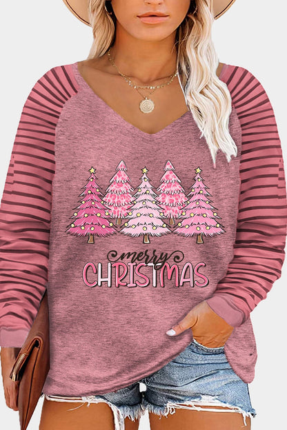 Plus Size MERRY CHRISTMAS Striped Long Sleeve T-Shirt-Jewearrings