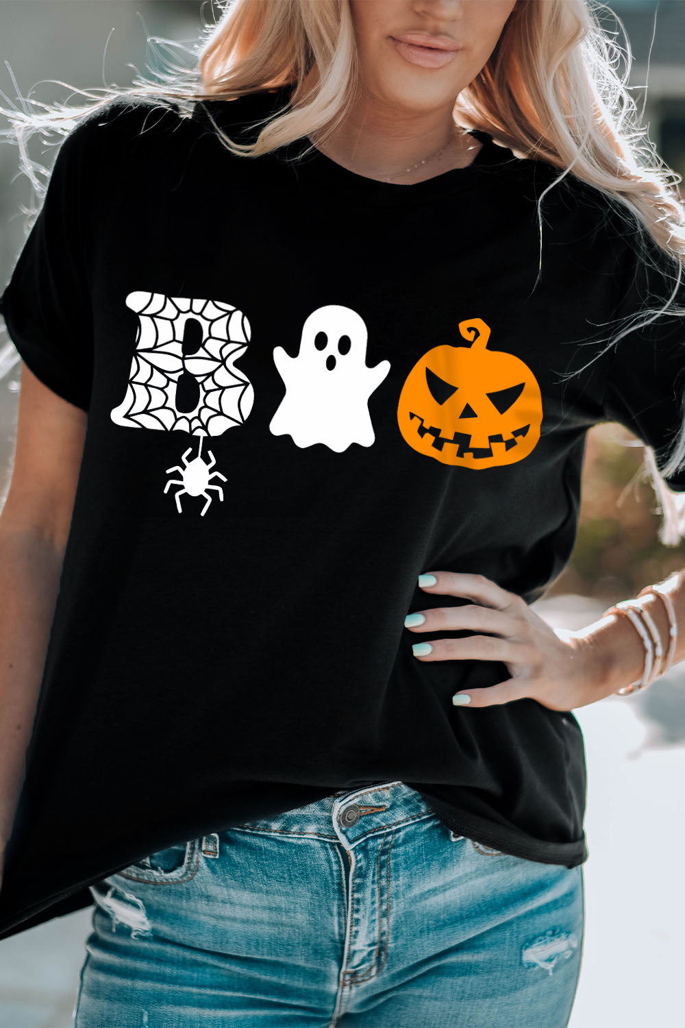 Round Neck Short Sleeve BOO Graphic T-Shirt-Jewearrings