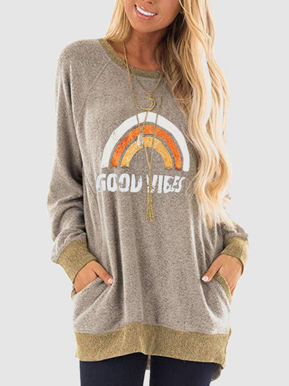 Rainbow Graphic Round Neck Sweatshirt with Pockets-Jewearrings