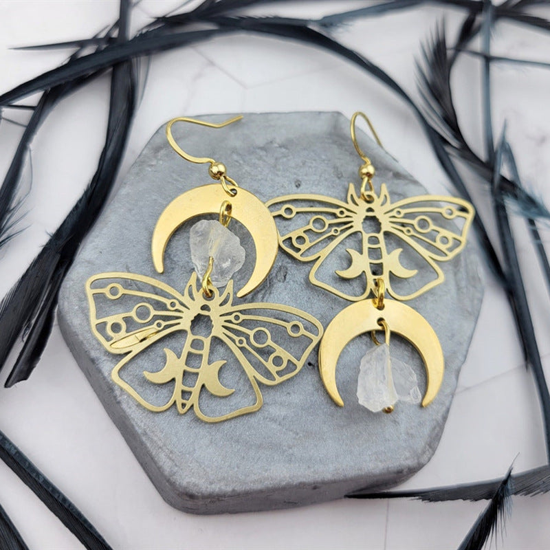 Women's Fashion Gold Plated Moth Moon Drop Earrings-Jewearrings