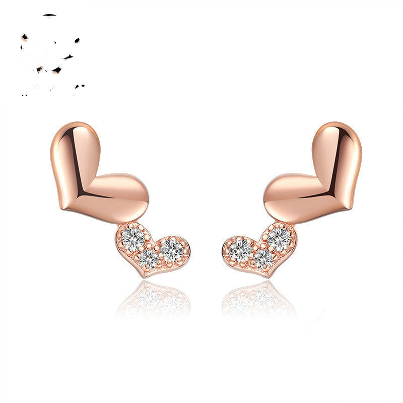 Temperament Heart-shaped Zircon Earrings Rose Gold Double Heart Earrings-Jewearrings