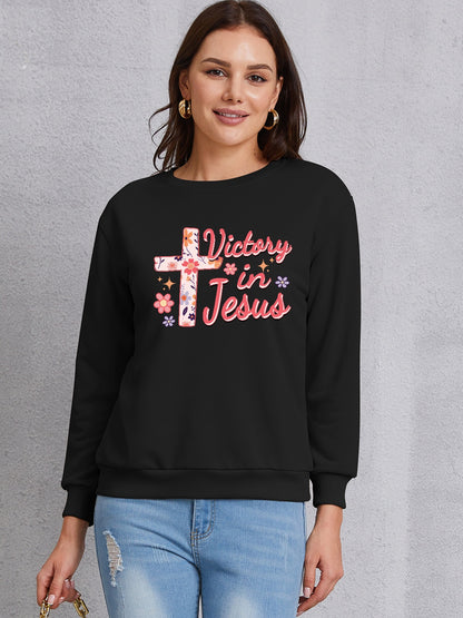 VICTORY IN JESUS Round Neck Sweatshirt-Jewearrings