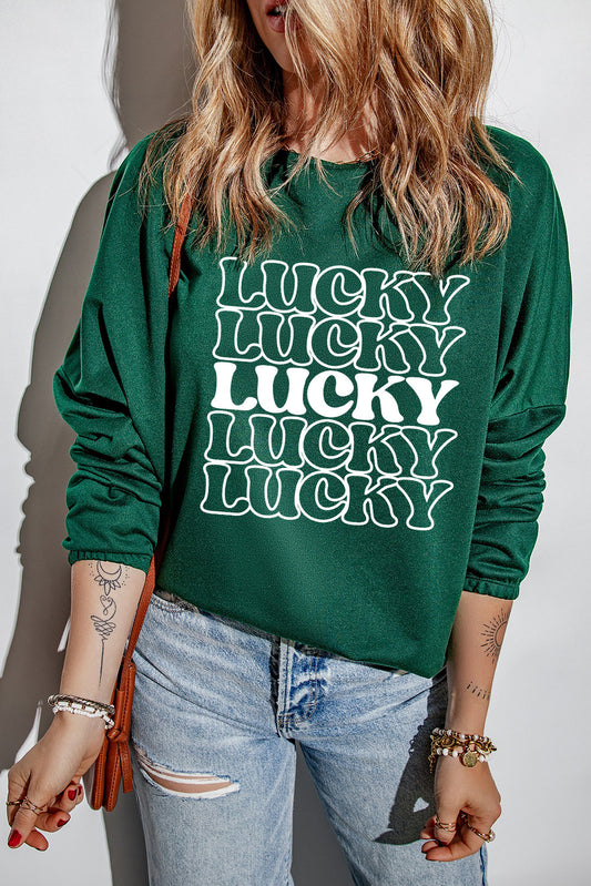 LUCKY Round Neck Dropped Shoulder Sweatshirt-Jewearrings