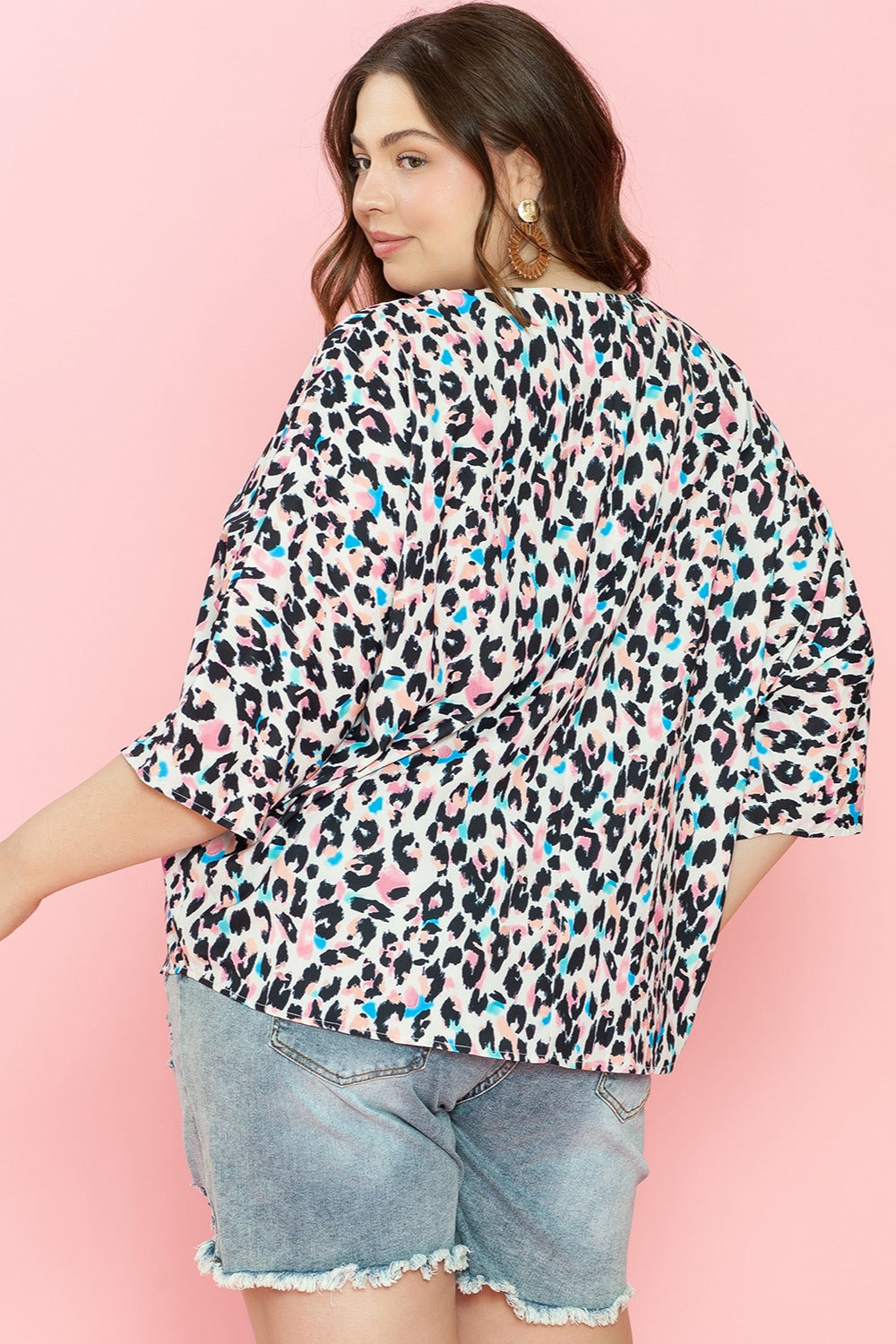 Plus Size Leopard V-Neck Three-Quarter Sleeve Blouse-Jewearrings