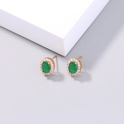 Miniature gold-inlaid Zircon Emeralds Oval Stud earrings with Ruby earrings-Jewearrings