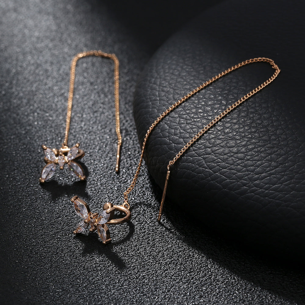 Cross Border Jewelry Personality Copper Micro Set Zircon Butterfly Ear Bone Clip Super Long Personality Tassel Ear Line Earrings-Jewearrings