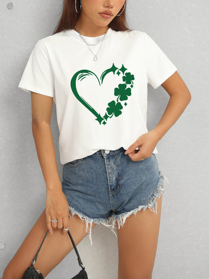 Heart Lucky Clover Round Neck Short Sleeve T-Shirt-Jewearrings