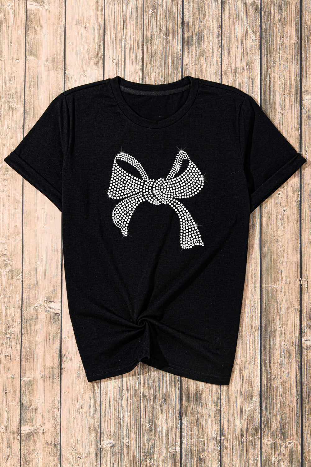 Rhinestone Bow Graphic Round Neck Short Sleeve T-Shirt-Jewearrings