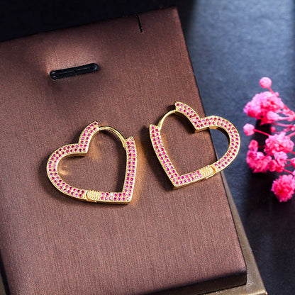 Zircon Inset Love Earrings Geometric Heart Brass Gold Plated Ear Ring Ear Accessories-Jewearrings